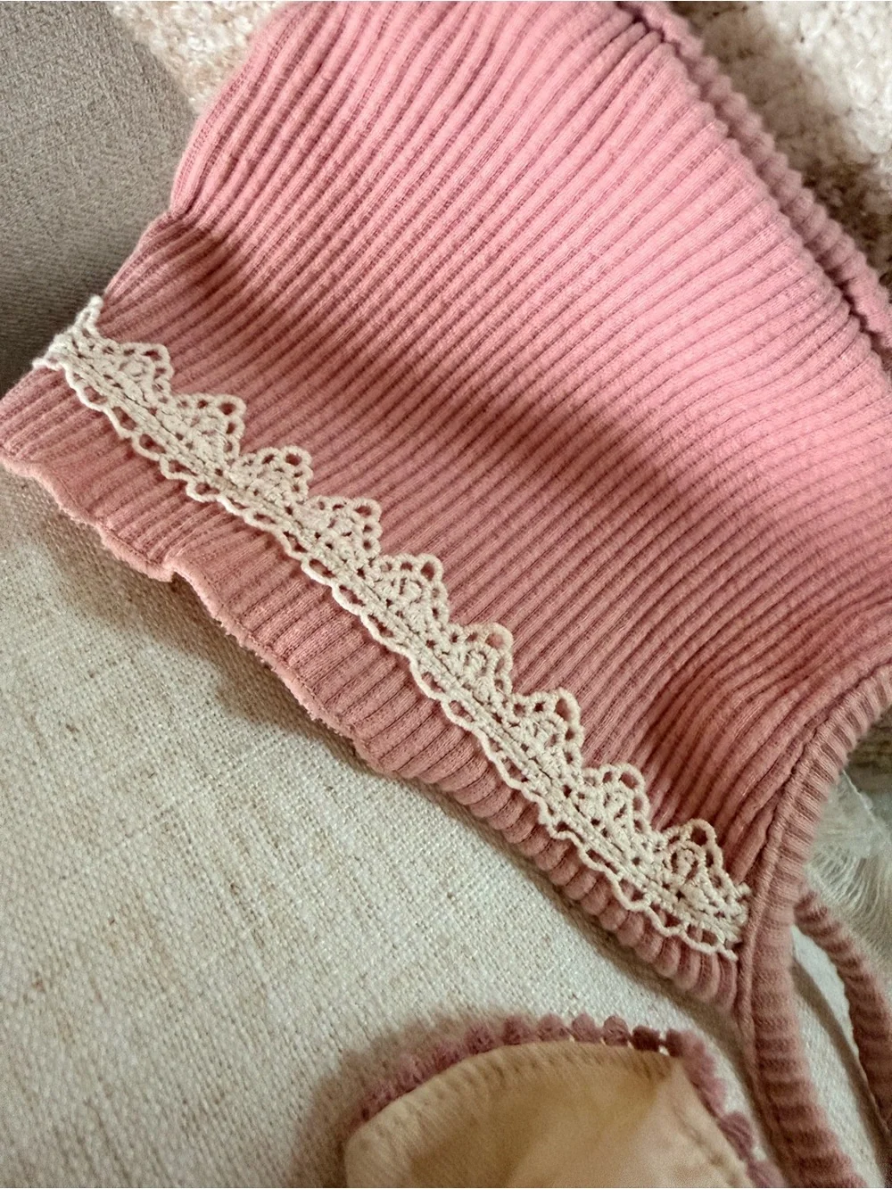Pink Ribbed Ruffle Baby One-Piece with Cream Skirt & Bonnet